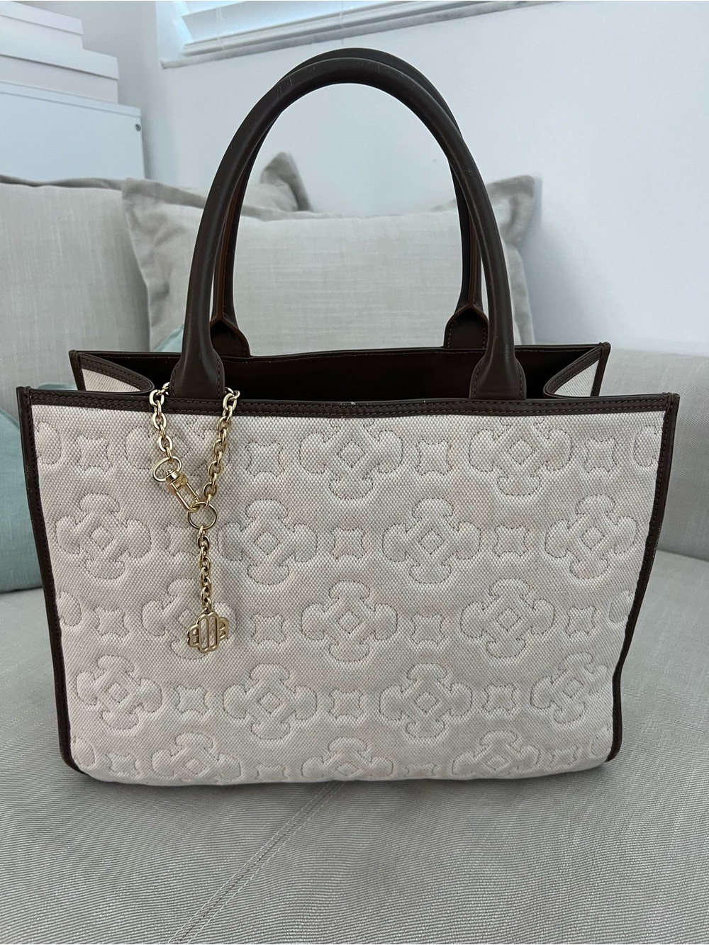 Maje Cream Canvas Tote with Brown Trim and Gold Charm
